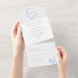 Regency Blue Leafy Monogram Crest Wedding All In One Invitation