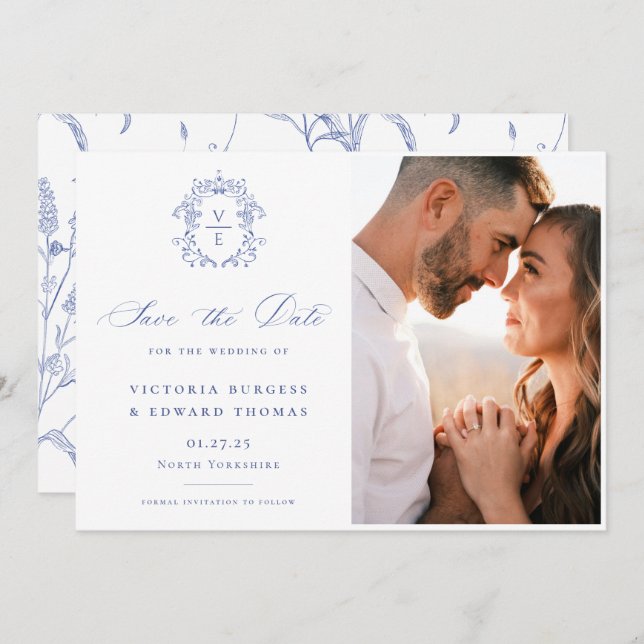 Regency Blue Monogram Crest Wedding Photo Save The Date (Front/Back)