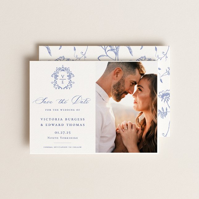 Regency Blue Monogram Crest Wedding Photo Save The Date (Creator Uploaded)