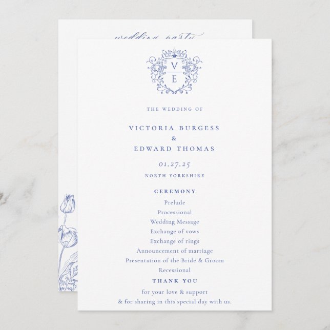 Regency Blue Monogram Crest Wedding Program (Front/Back)