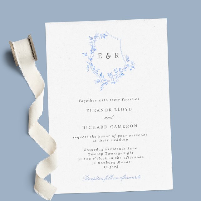Regency Blue Monogram Leaf Crest Wedding Invitatio Invitation (Creator Uploaded)