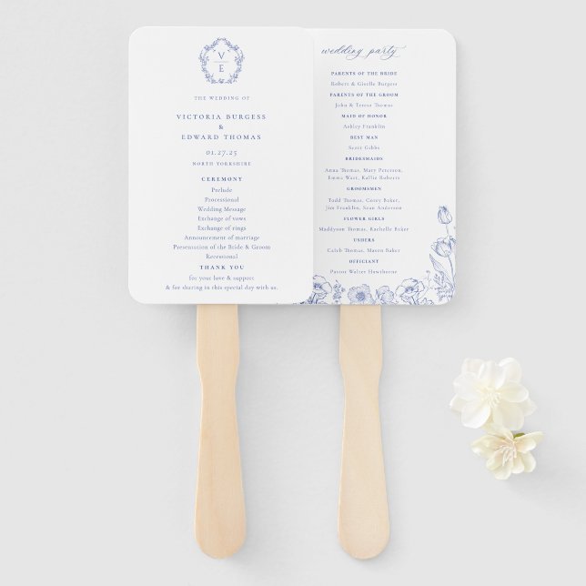 Regency Blue Ornate Crest Monogram Wedding Program Hand Fan (Front and Back)