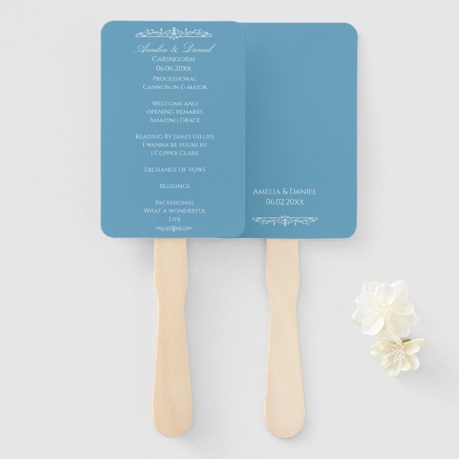 Regency Blue wedding Ceremony Program Hand Fan (Front and Back)