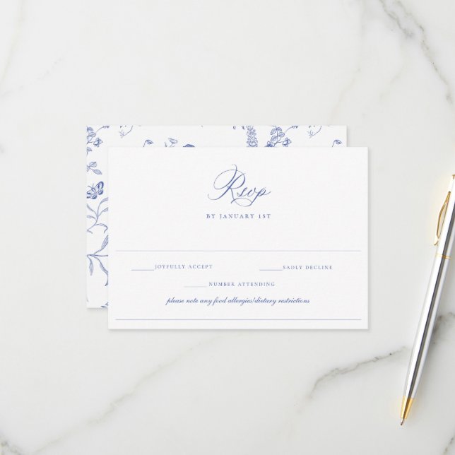 Regency Blue Wedding Food Allergy Diet Restriction RSVP Card (Front/Back In Situ)