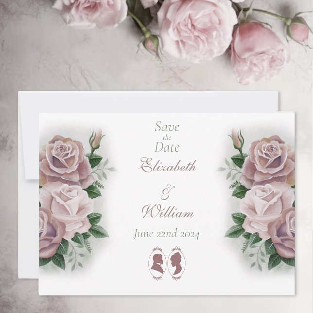Regency Bridgerton Pink Roses Cameos Save The Date (Creator Uploaded)