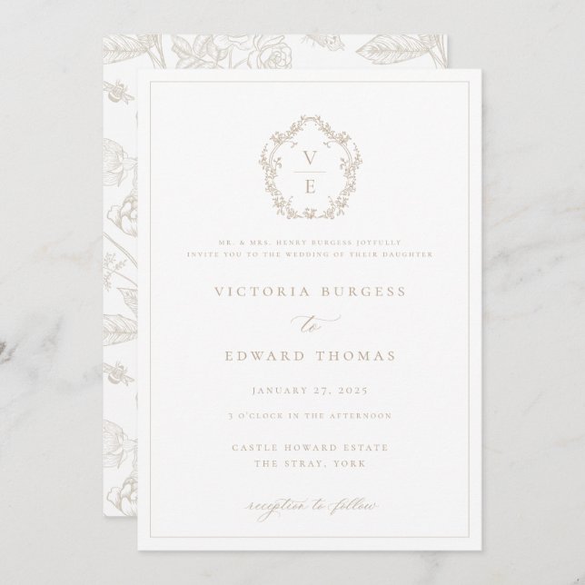 Regency Era Beige Crest Monogram Wedding Invitation (Front/Back)