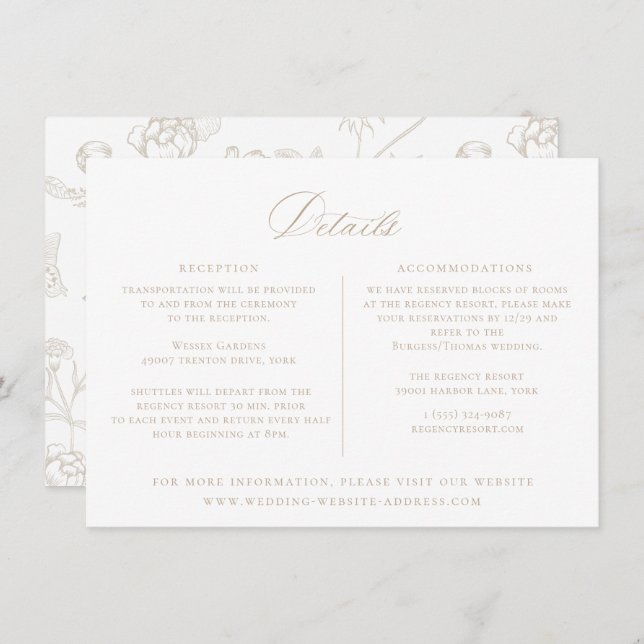Regency Era Beige Floral Wedding Details Card (Front/Back)