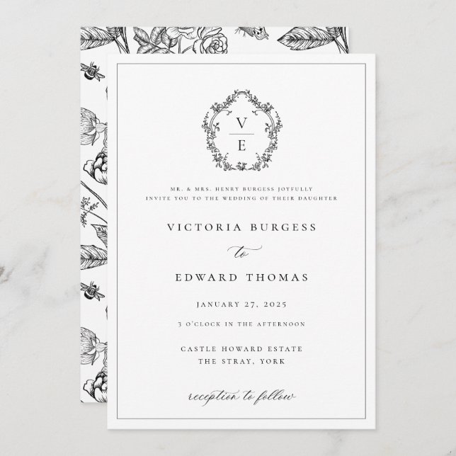 Regency Era Black Crest Monogram Wedding Invitation (Front/Back)