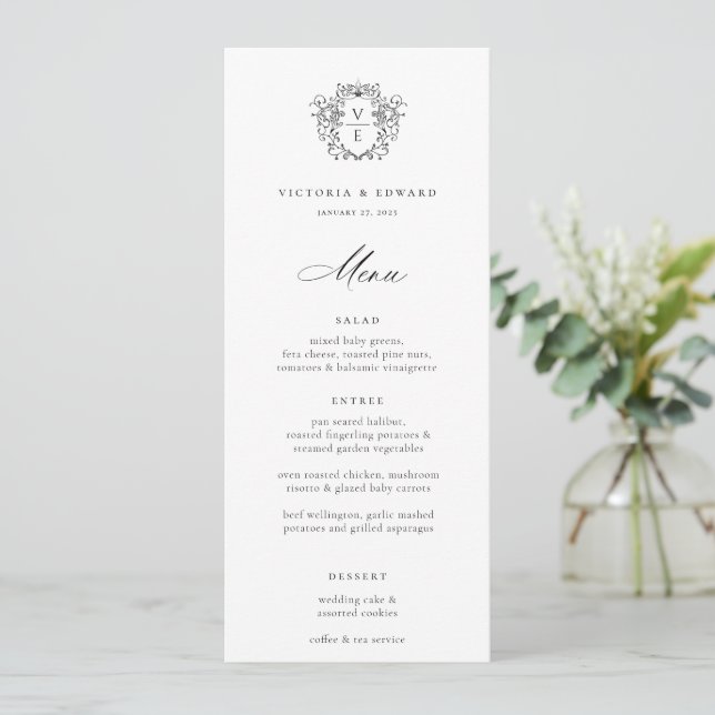 Regency Era Black Crest Monogram Wedding Menu Invitation (Standing Front)