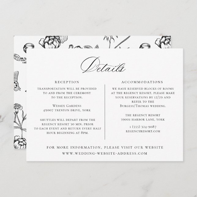 Regency Era Black Floral Wedding Details Card (Front/Back)