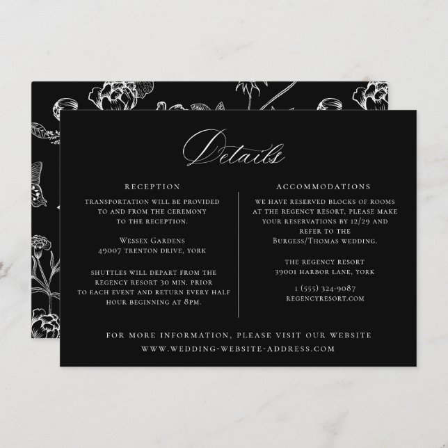 Regency Era Black Floral Wedding Details Card (Front/Back)
