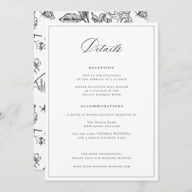 Regency Era Black Wedding Details Card (Front/Back)