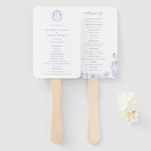 Regency Era Blue Crest Monogram Wedding Program Hand Fan (Front and Back)
