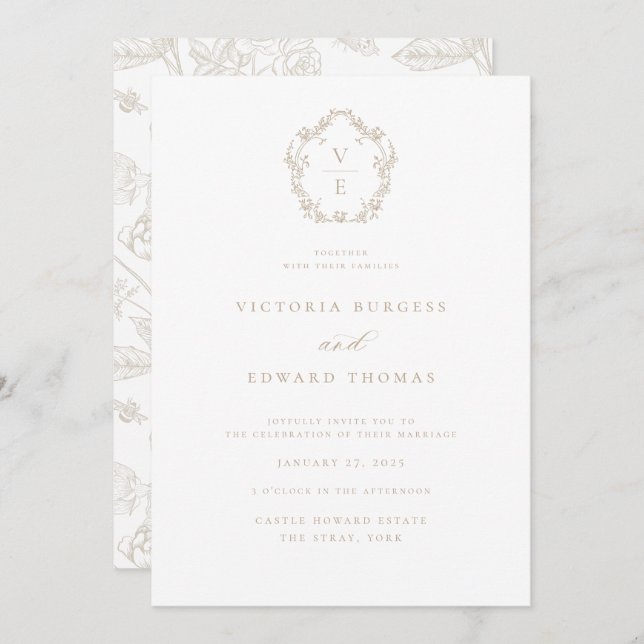Regency Era Crest Beige Monogram Wedding Invitation (Front/Back)
