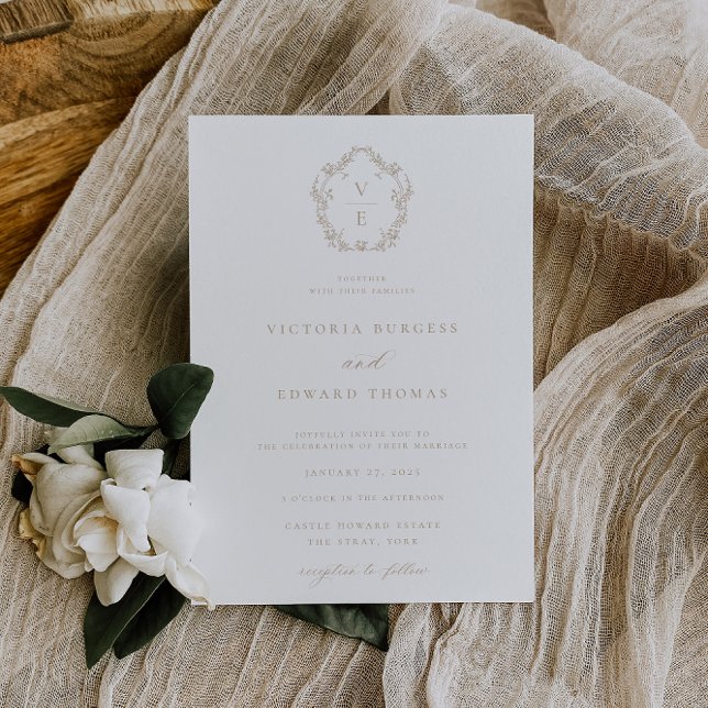 Regency Era Crest Beige Monogram Wedding Invitation (Creator Uploaded)
