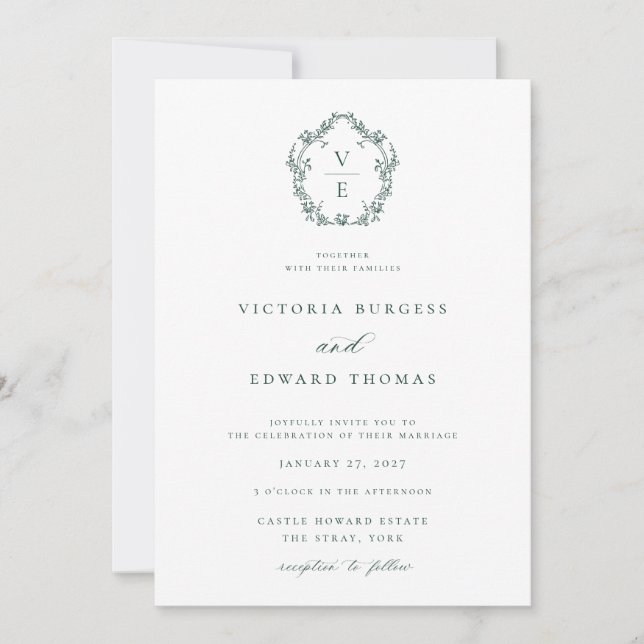 Regency Era Emerald Monogram Crest Wedding Invitation (Front)