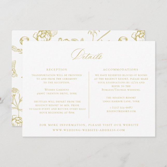 Regency Era Gold Floral Wedding Details Card (Front/Back)
