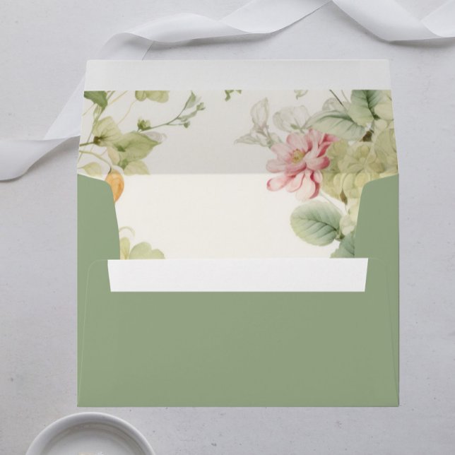 Regency Floral Sage Green Wedding Envelope (sage green floral envelope liner, regency floral, vintage flower envelope liner vintage wedding)