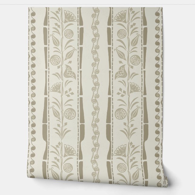 Regency Floral Stripes - Khaki - Cream Wallpaper (Unrolling)
