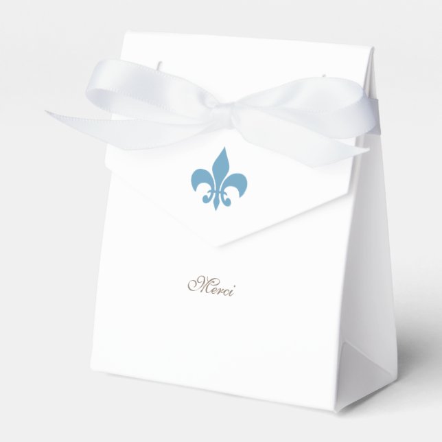 Regency French Blue Fleur de Lis Merci Wedding Favour Box (Front Side)