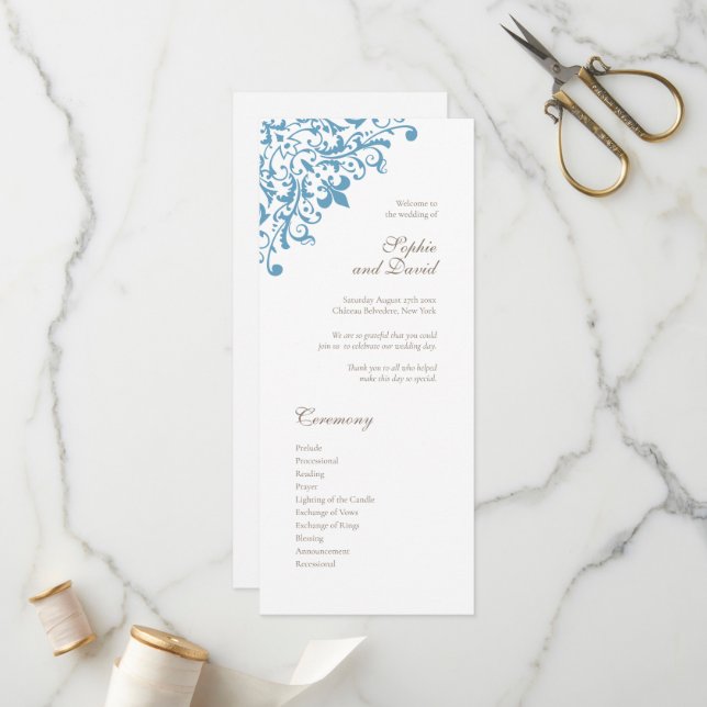 Regency French Blue Fleur de Lis Pattern Wedding Program (Front/Back In Situ)