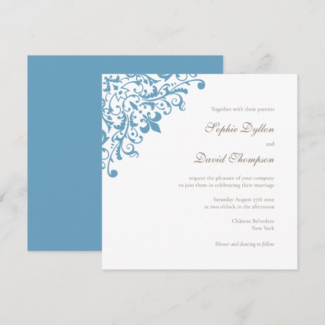 Regency French Blue Fleur de Lis Square Invitation (Front/Back)
