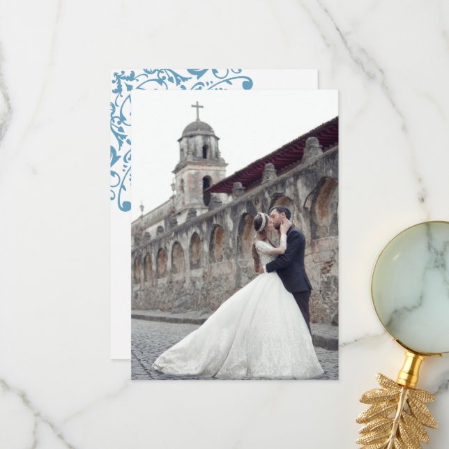 Regency French Blue Fleur de Lis Wedding Photo Thank You Card (Front/Back In Situ)