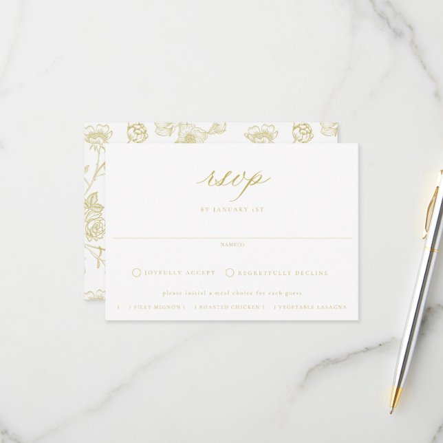 Regency Gold Floral Meal Choice Wedding RSVP Card (Front/Back In Situ)