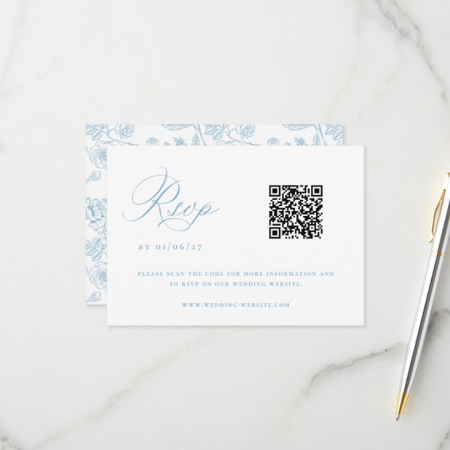 Regency Light Blue Chinoiserie Wedding QR Code RSVP Card (Front/Back In Situ)