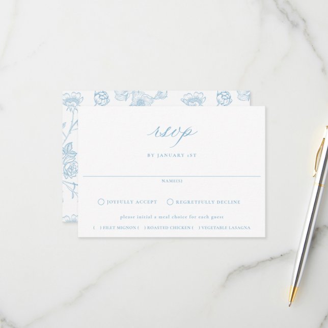 Regency Light Blue Floral Meal Choice Wedding RSVP Card (Front/Back In Situ)