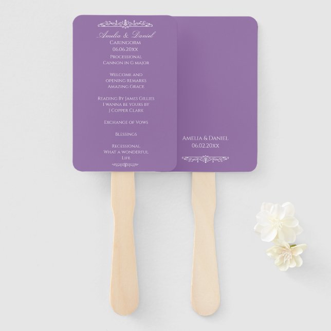 Regency Purple wedding Ceremony Program Hand Fan (Front and Back)