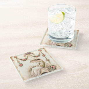 Regency Rose Garden Reading Lady Glass Coaster