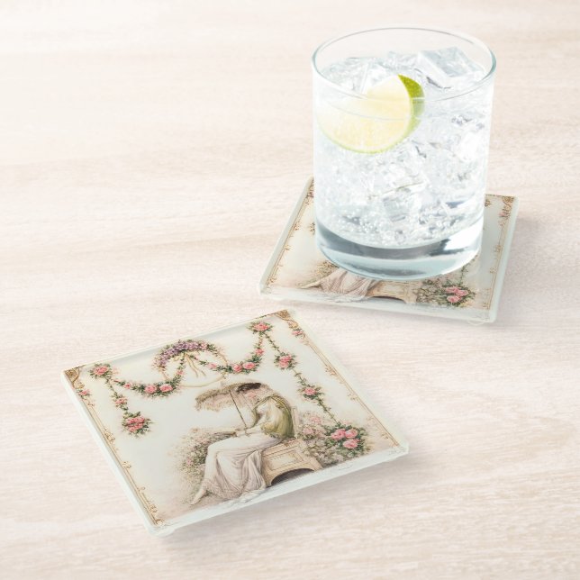 Regency Rose Garden Reading Lady Glass Coaster (Angled)