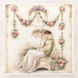 Regency Rose Garden Reading Lady Glass Coaster