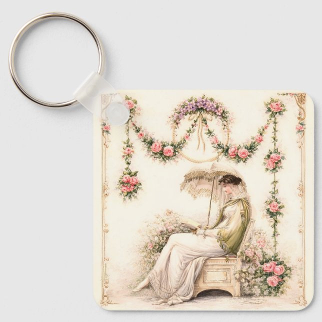 Regency Rose Garden Reading Lady Key Ring (Front)