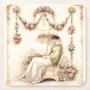 Regency Rose Garden Reading Lady Square Paper Coaster