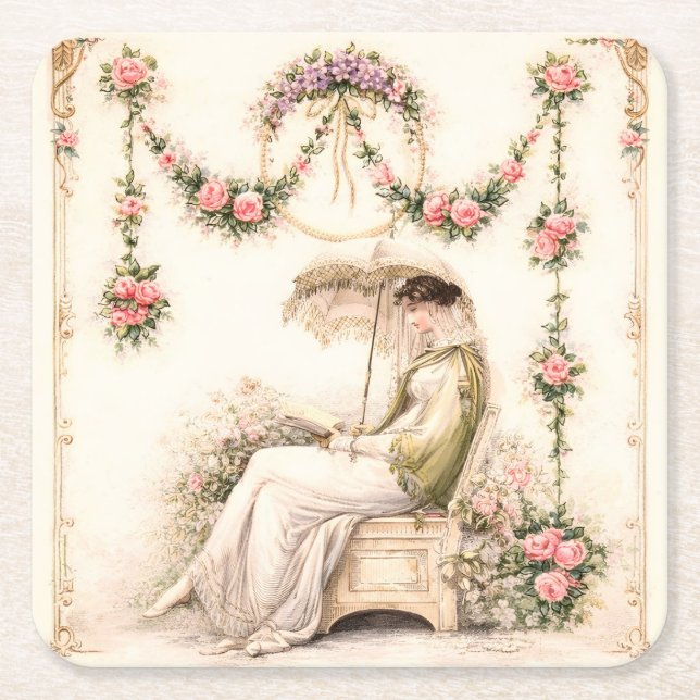Regency Rose Garden Reading Lady Square Paper Coaster (Front)