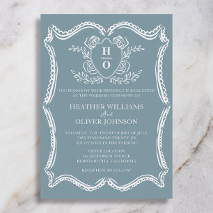 Regency Vintage Crest Floral Dusty Blue Wedding Invitation