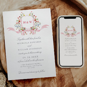 Regency Watercolor Botanical Pink Crest Wedding Invitation