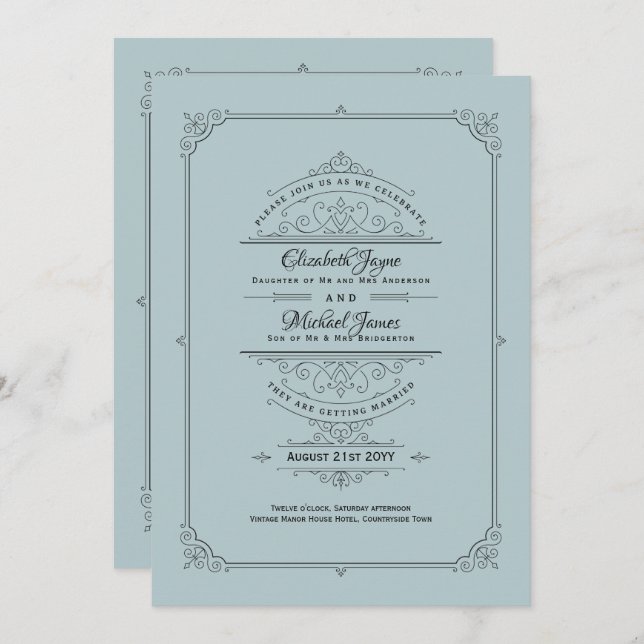 Regency Wedding Invitations Vintage Duck egg blue (Front/Back)