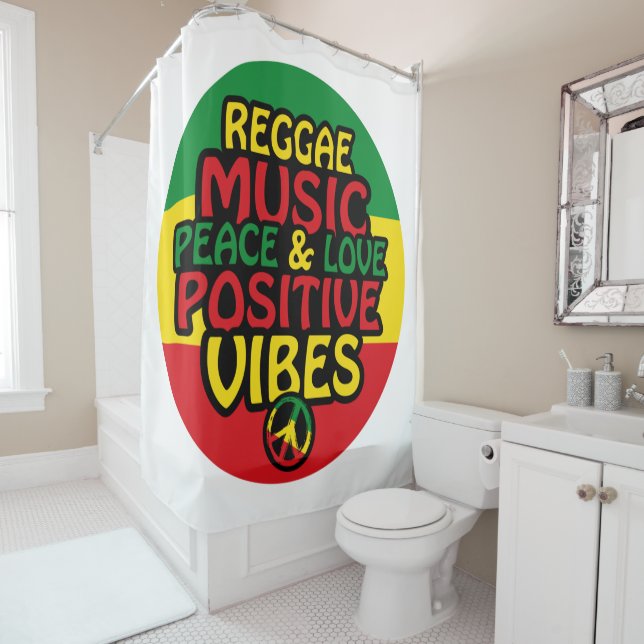 Reggae design with positive quotes and reggae flag shower curtain (In Situ)