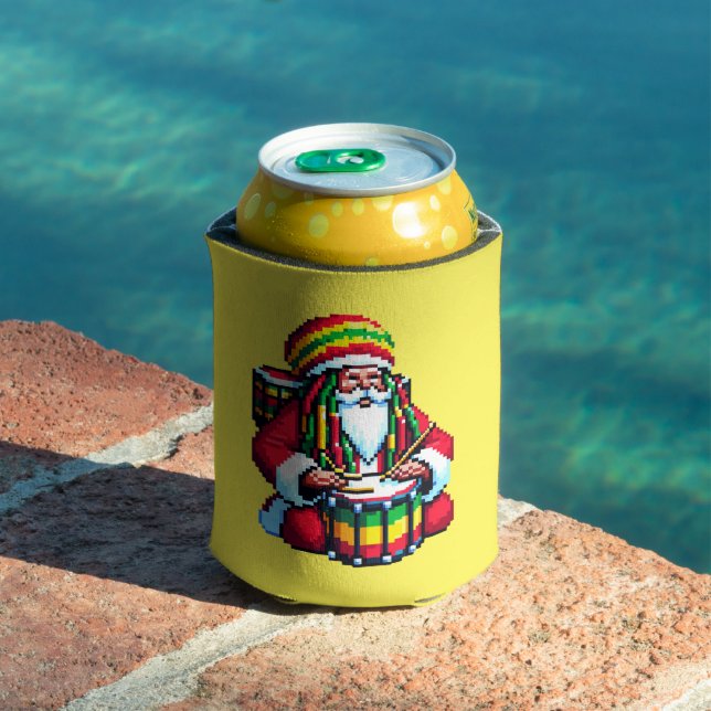 Reggae Santa Drummer - Fun Pixel Art Christmas Can Cooler (In Situ Pool)