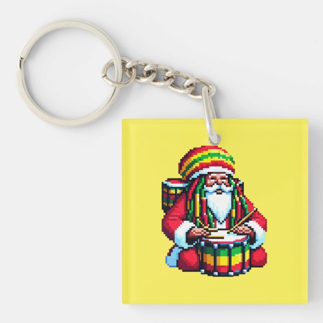 Reggae Santa Drummer - Fun Pixel Art Christmas Key Ring (Front)