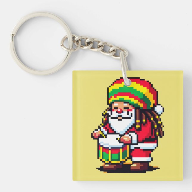 Reggae Santa Drummer Fun Pixel Art Christmas Music Key Ring (Front)