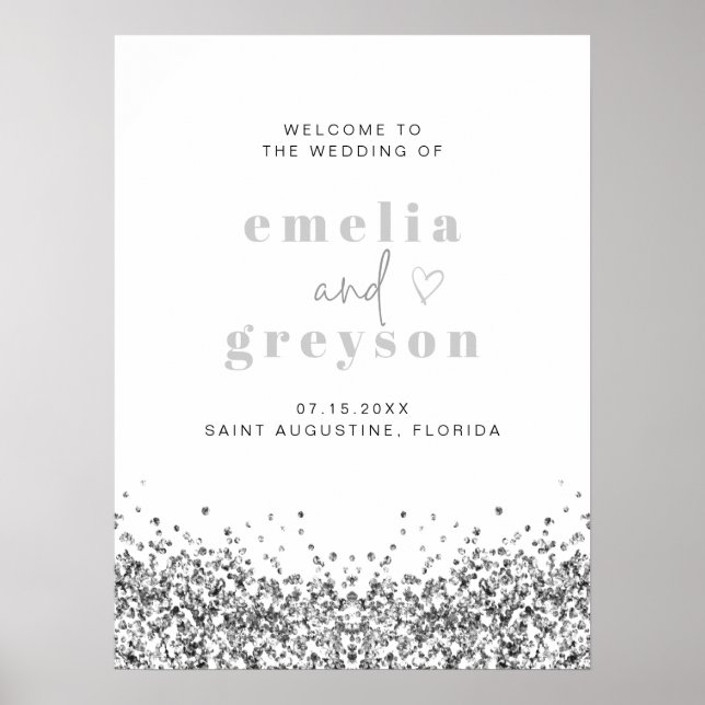 REGINA Glam Silver Glitter Sequins Wedding Welcome Poster (Front)