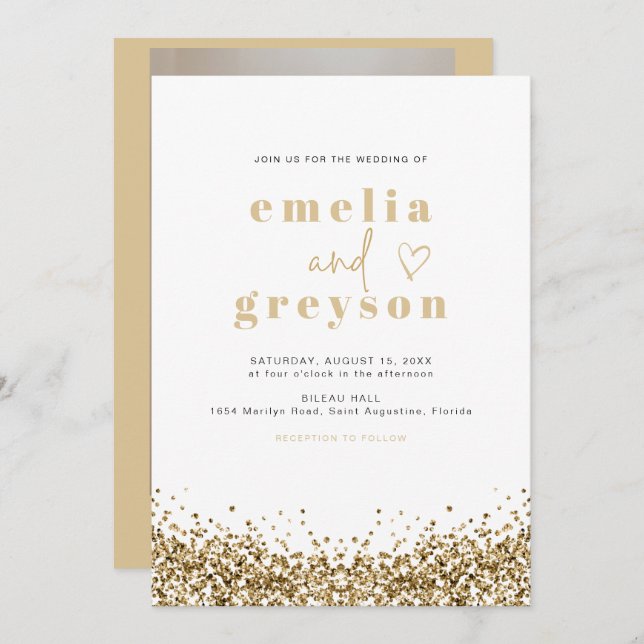 REGINA Glam Yellow Gold Sequins Disco Wedding Invitation (Front/Back)