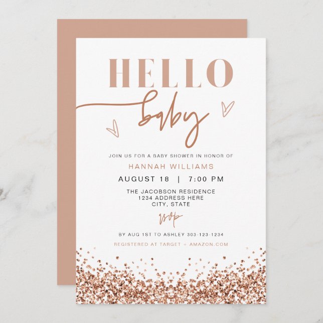 REGINA Hello Baby Rose Gold Sequin Baby Shower  Invitation (Front/Back)