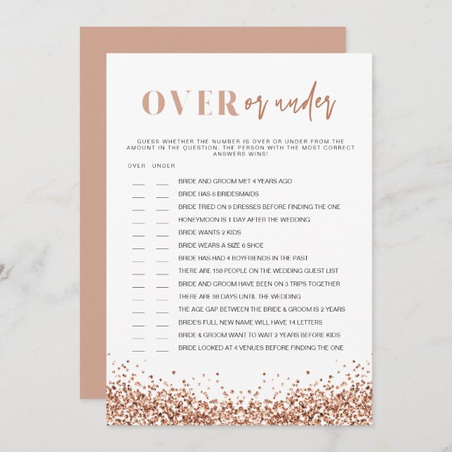REGINA Rose Gold Over Under Bridal Shower Game Invitation (Front/Back)
