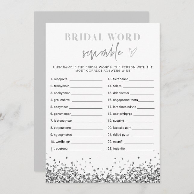 REGINA Silver Sequins Bridal Shower Word Scramble Invitation (Front/Back)