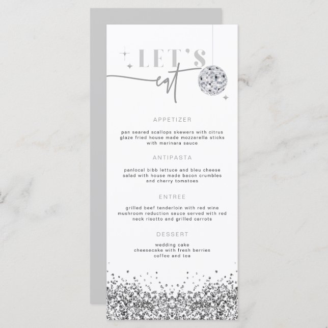 REGINA Silver Sequins Disco Let's Eat Menu Card (Front/Back)
